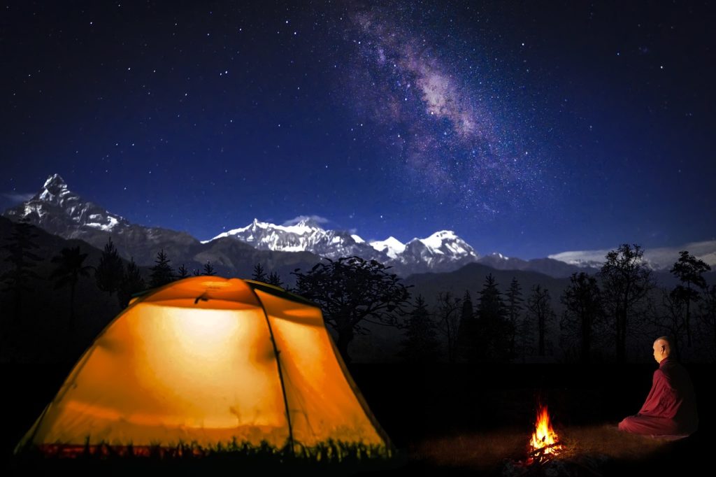 tent, bonfire, mountains, snow, stars, forest, trees, buddhist, monk, nature, meditation, camping, nepal-5461701.jpg