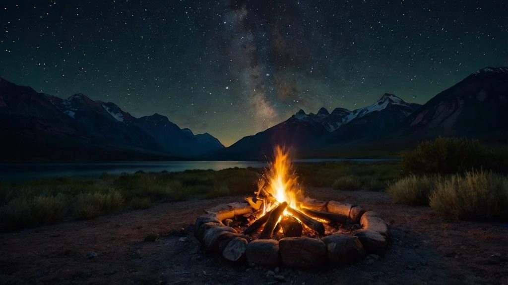 mountain, campfire, bonfire, lake, fire, flame, smoke, nature, night, stars-8864325.jpg